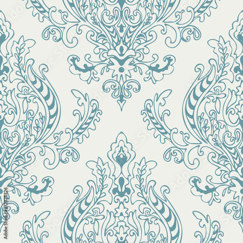 Seamless vector pattern with baroque style wallpaper design on cream white background. Victorian luxury home decor. Decorative rococo fashion textile.