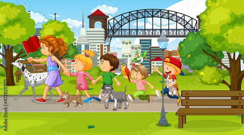 Children walking with their animals at the park