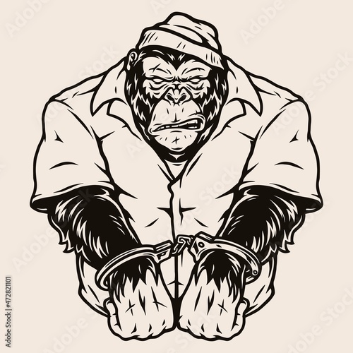 Aggressive handcuffed gorilla in prisoner uniform