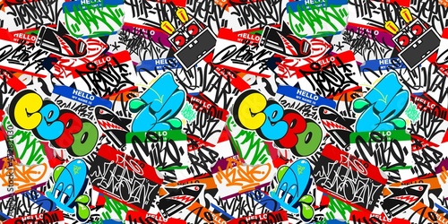 Flat Abstract Seamless Colorful Urban Graffiti Style Sticker Bombing Hello My Name Is With Some Street Art Lettering Vector Illustration Art