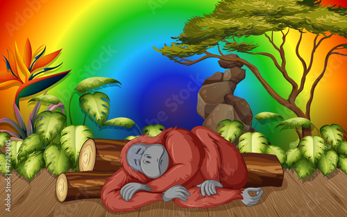 Orangutan cartoon character in the forest on gradient rainbow background photo