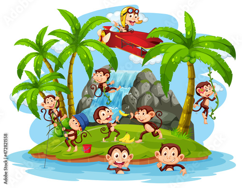 Isolated island with little monkeys cartoon
