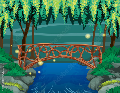 Enchanted garden scene with stone bridge