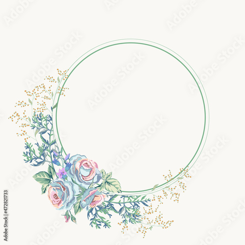 round empty banner and floral bunch with beautiful roses, wild flowers, wormwood plant