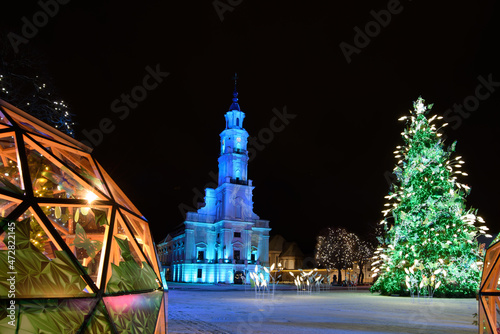 Kaunas, Lithuania 12-02-2021 Warm Christmas in Kaunas, a wonderful, cozy Christmas town, a fair of treats and gifts. Amazing Kaunas christmas tree 2021 year. Good mood, being together, emotions.