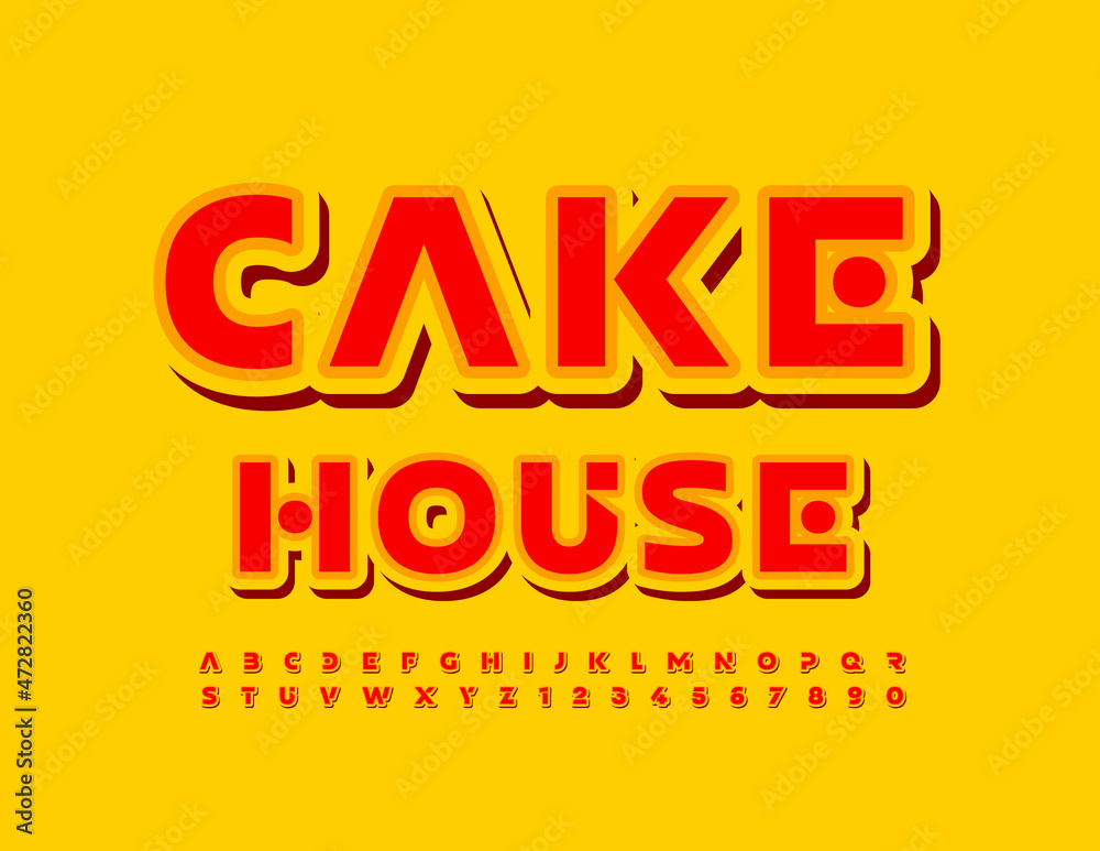 Vector tasty Emblem Cake House.  Unique Bright Font. Trendy Red Alphabet Letters and Numbers set