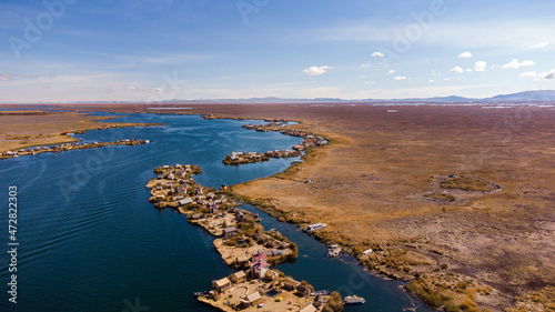 Peru puno titicaca lake uros islands drone view
 photo