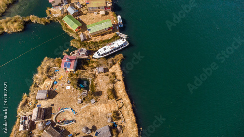 Peru puno titicaca lake uros islands drone view
 photo