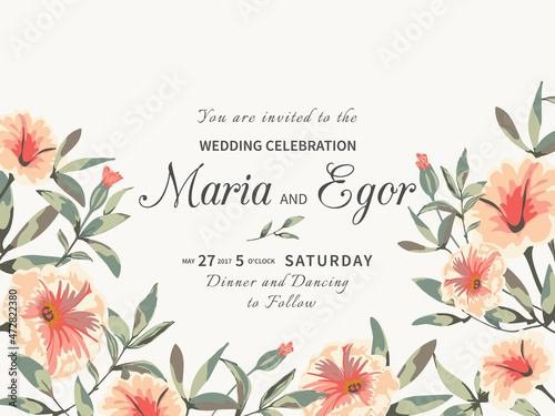 vintage floral background,Wedding card with delicate Petunia, greenery on white