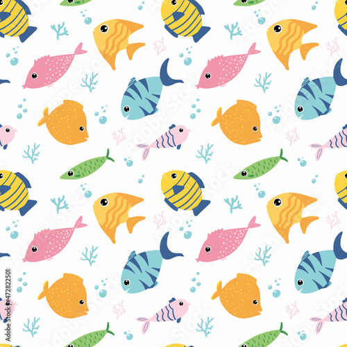 Seamless pattern with cartoon fishes on white background for wallpaper, wrapping and textile. Perfect for kids textile. Vector EPS10.