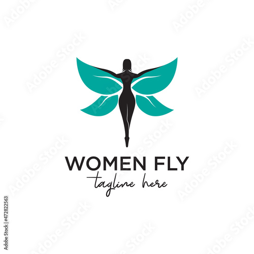 Butterfly Woman with green Leaves logo  design inspiration, vector illustration