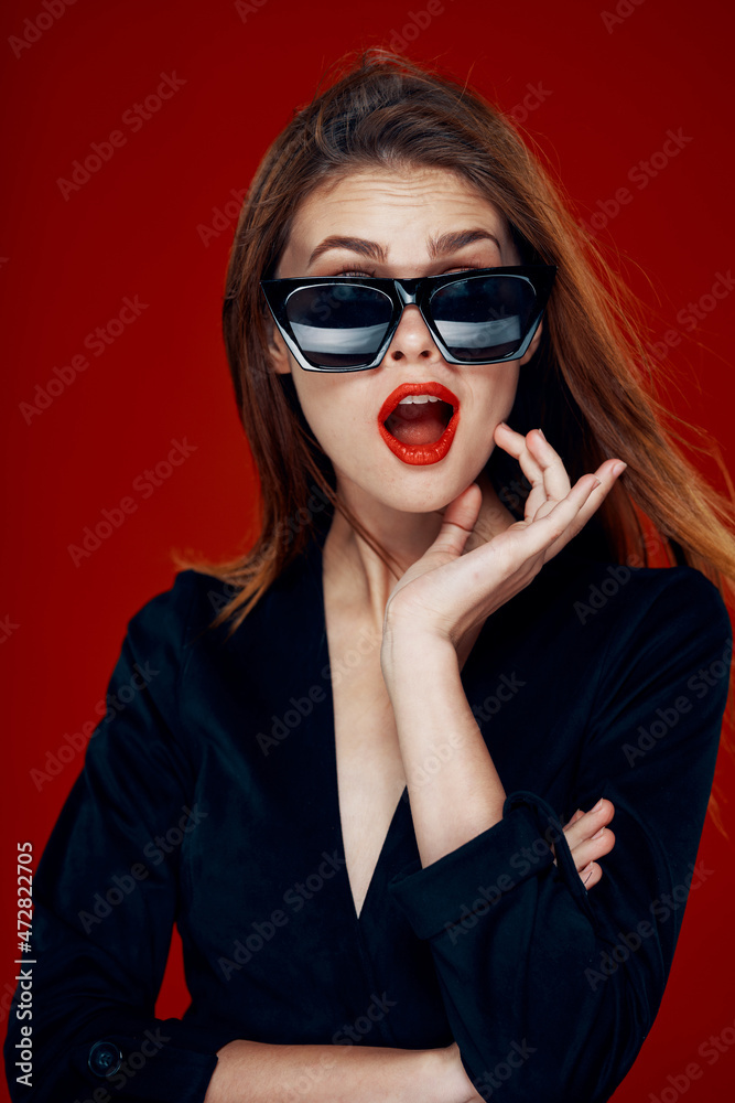 cheerful fashionable woman wearing sunglasses red lips posing red background cheerful fashionable woman wearing sunglasses red lips posing red background