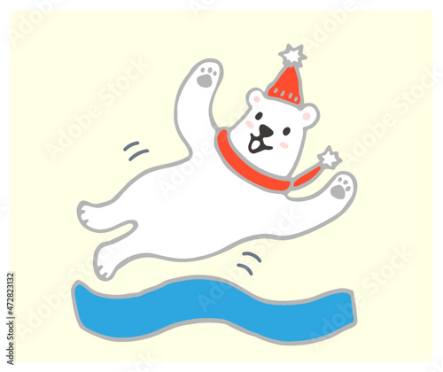 マットで遊ぶシロクマのイラスト　アイコン　帽子　マフラー