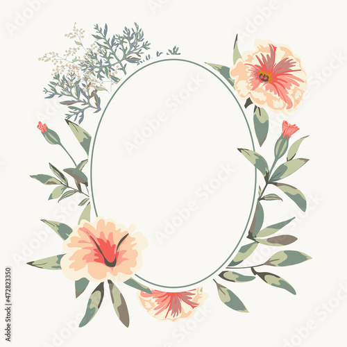 round empty banner and floral bunch with beautiful wild flowers, greenery.