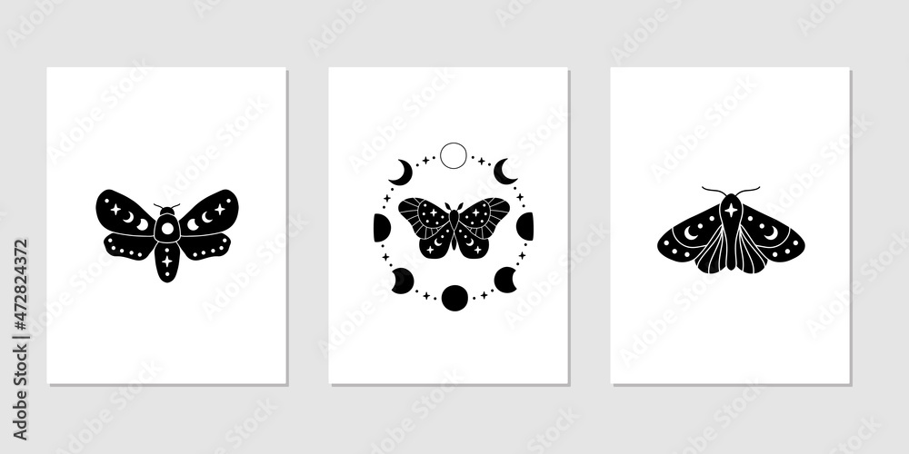 Celestial butterfly vector illustration. Mystical luna moth with moon ...