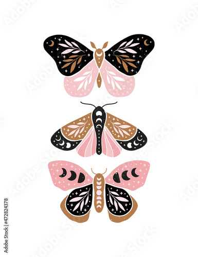 Celestial butterfly vector illustration. Mystical luna moth with moon phases. Magic insect on white background. Design for boho poster, magical card, t shirt print, home decoration, wall art.