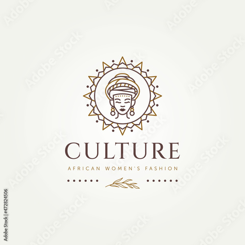 african woman fashion culture line art logo. african woman with turban and ethnic round tribal symbol line art badge logo template vector illustration design