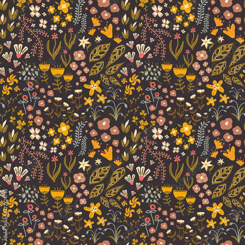 Floral pattern with small field flowers and herbs. Seamless texture with different cute abstract plants. Scandinavian hand drawn style vector pattern.