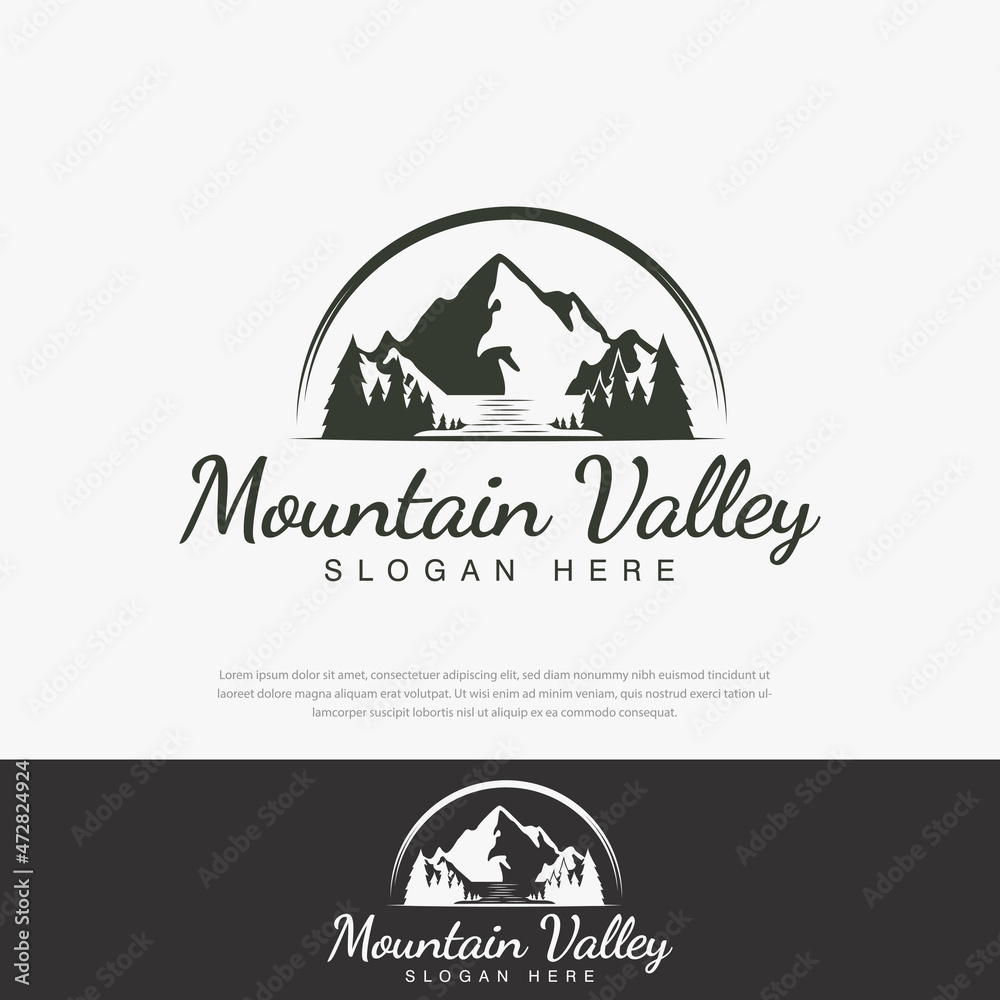 Simple forest mountain river nature vintage company logo, template, icon, symbol, illustration