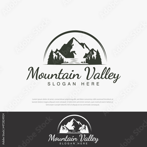 Simple forest mountain river nature vintage company logo, template, icon, symbol, illustration