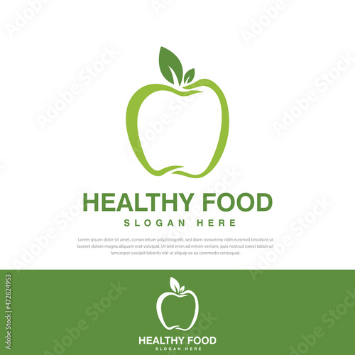 Stylized illustration line green apple fruit logo healthy food, symbol, icon, template, fruit healthy food