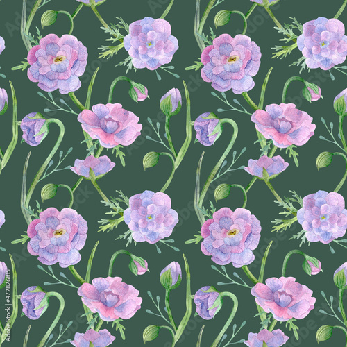 Wallpaper Mural Watercolor seamless floral pattern with violet and pink wildflowers and herbs on dark green background. Hand drawn repeated background with geranium for prints, textile and packaging. Torontodigital.ca