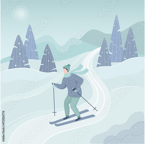 Illustration snow forest with skier. Winter landscape nature