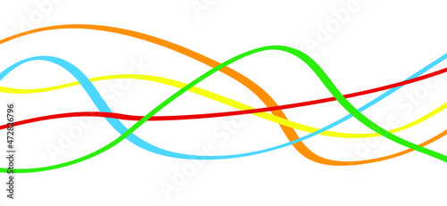 Rainbow curved wave stripes. Line pattern, waving banner. Vector stripe wave background, Cartoon curve motion. Electric wires lines. Curved wave streak. Drawing wavy line