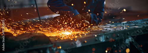 Close up of worker in special dark blue uniform working with equipment for metal near orange sparks in smithy. Concept of creating modern fence with special tools.