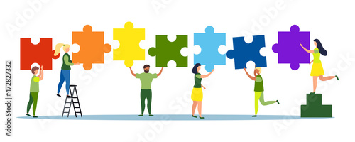 LGBT pride concept. Cartoon flat tiny free LGBT characters group holding rainbow puzzle, connecting jigsaw pieces in hands