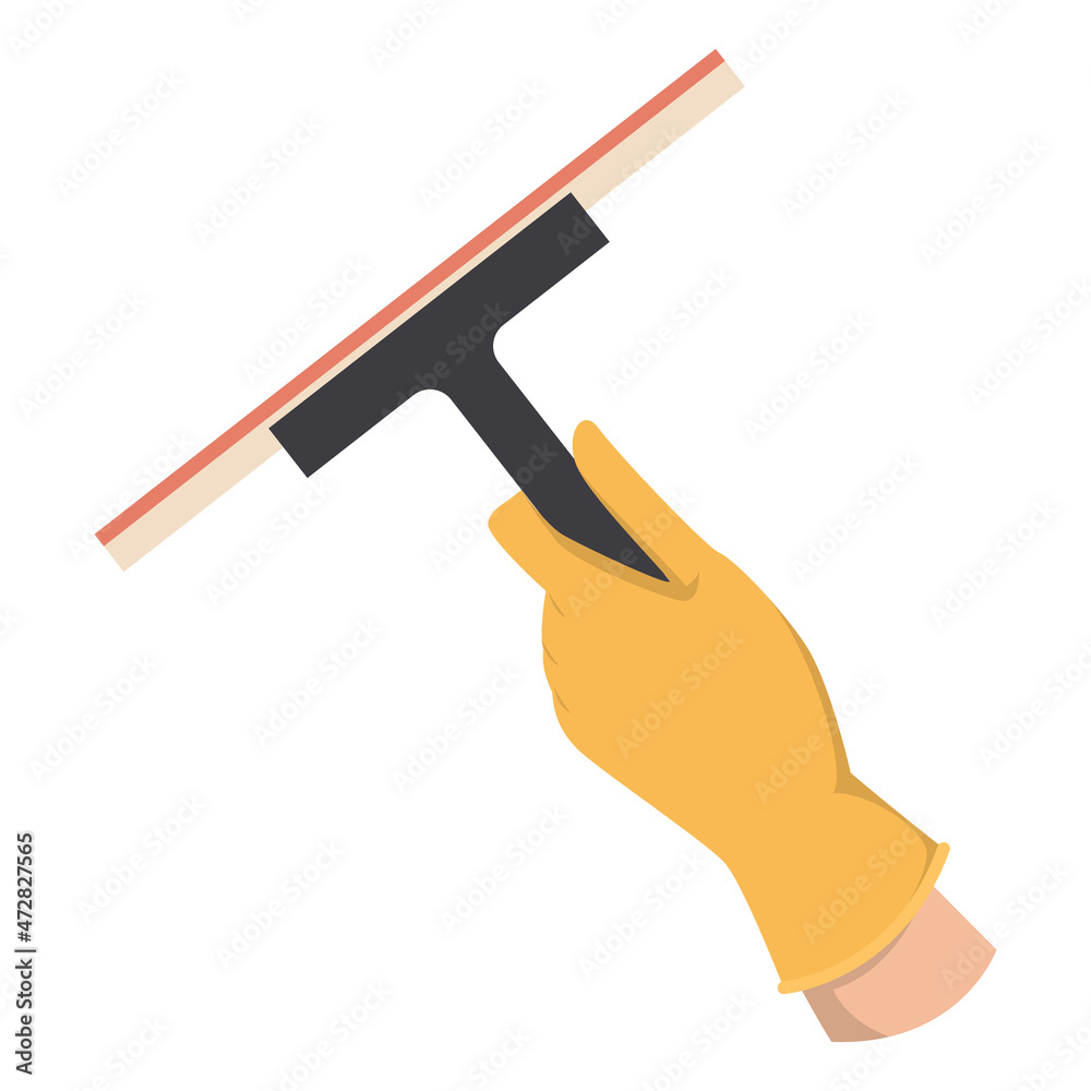 Hand in glove holding a squeegee vector isolated. Cleaning service, housework, domestic chores. Window cleaning tool. Yellow protective glove and plastic equipment. Hand in glove holding a squeegee vector isolated. Cleaning service, housework, domestic chores. Window cleaning tool. Yellow protective glove and plastic equipment.
