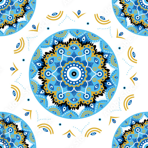 Seamless pattern with Turkish evil eye bead. Good luck. Turkish tile. Oriental ottoman design