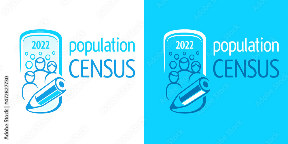 Population census 2022. Vector logo of opinion poll an social survey. Conceptual symbol of online counting of citizens. Frame of smartphone, crowd, family and scribe's pencil. White and blue banner - obrazy, fototapety, plakaty 