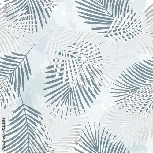 Tropical pattern, palm leaves seamless vector background. Exotic plant on watercolor stains artistic jungle print. Leaves of palm tree. brush texture