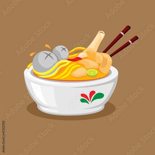 Mie kocok baso is meatball noodle with beef topping traditional food from Bandung, Indonesia illustration vector