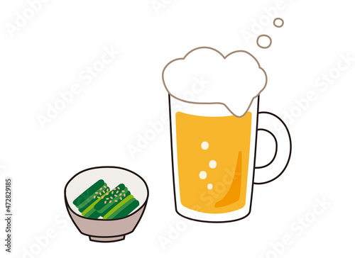 生ビールとおつまみ（ほうれんそうのお浸し）
