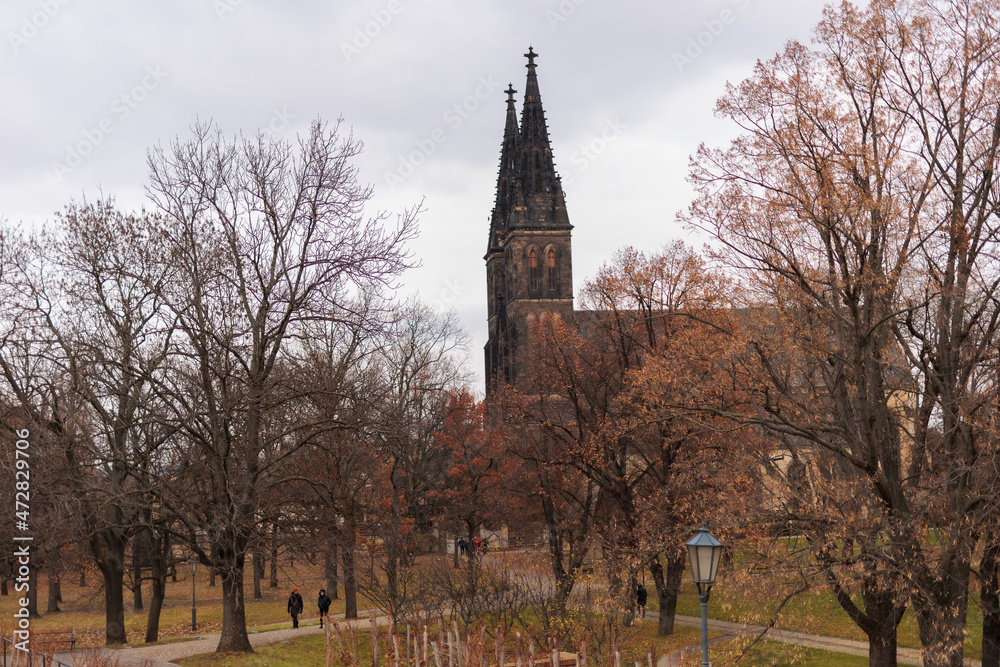 Vyšehrad church from Prague on a cloudy day