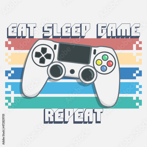 Joysticks gamepad illustration with slogan text. Game design logo of gamepad for play arcade video game. Print design
