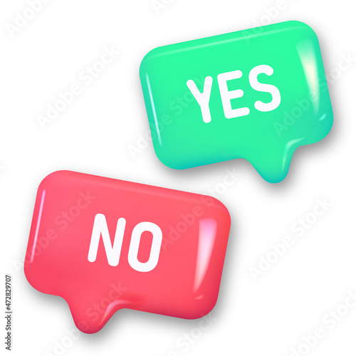 Yes and no buttons in green and red colors. Wrong or right answer. Realistic 3d design. Dialog, Chat Speech Bubble. Web Vector illustration.