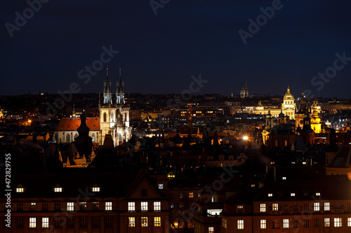 Prague by night. Panoramic view of the old city of Prague
