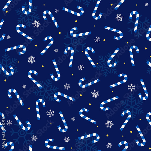 Blue Christmas seamless pattern with blue candy cane and snowflakes