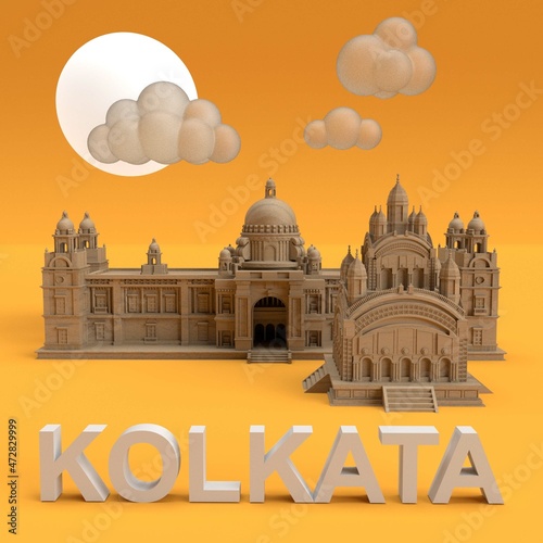 kolkata monuments 3d render in yellow background photo