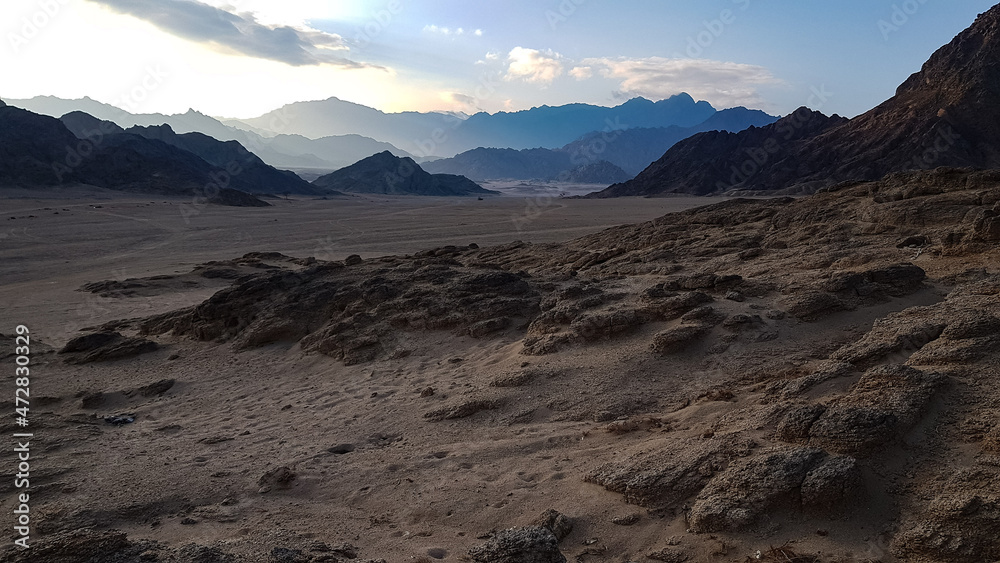 the image of the mountains on the Sinai Peninsula at sunset. the desert of Sharm el Sheikh in the evening. excursion in Egypt. travel.
