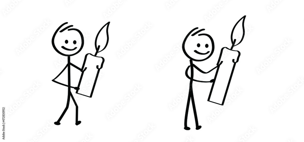 Cartoon stickman with candle for first, second or fourth advent day. Candle day on 11 december. Christmas, xmas. Stick figure man and burning candles flame. candlestick icon. Cartoon stickman with candle for first, second or fourth advent day. Candle day on 11 december. Christmas, xmas. Stick figure man and burning candles flame. candlestick icon.