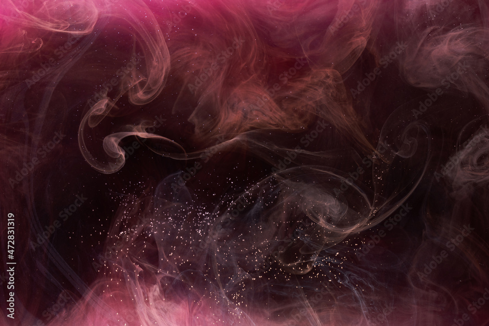 Obraz premium Pink smoke on black ink background, colorful fog, abstract swirling touch ocean sea, acrylic paint pigment underwater