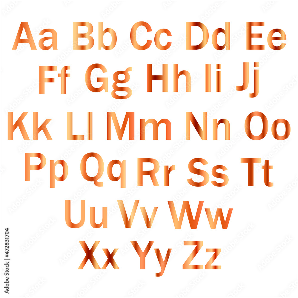 Metallic Copper Color English Alphabet Letters A to Z Simple and Capital Letters Flat Vector
