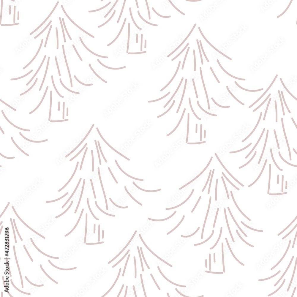Fototapeta premium Vector. Hand drawn seamless christmas pattern, linear christmas tree on white background. Design templates for typographic products. Minimalism for branding, cover, postcard, wrapping paper.