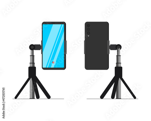 Smartphone on tripod vertical stand front and back view set. Mobile phone on rack. Video blogger equipment stationary holder. Professional stable vlogger device. Vector isolated eps illustration