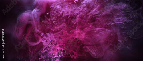 Pink smoke on black ink background, colorful fog, abstract swirling touch ocean sea, acrylic paint pigment underwater