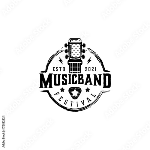 creative music logo ideas with microphone and guitar neck with adjustment pegs,vintage logo rock and roll, illustration music band vector template icon